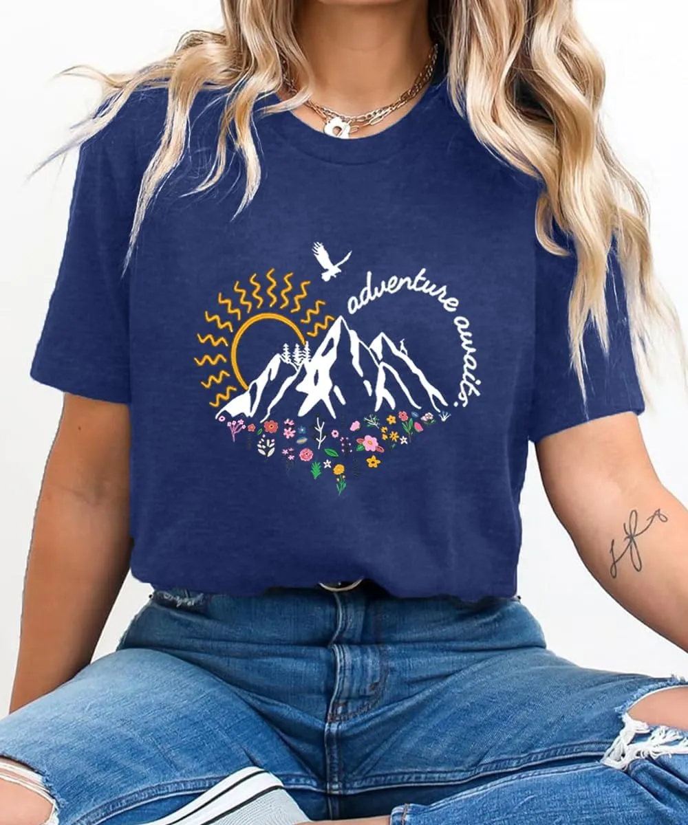 Adventure Awaits Shirts for Women Cute Sunrise Eagle Graphic Hiking T Shirts Outdoor Casual Short Sleeve Wildflower Tops