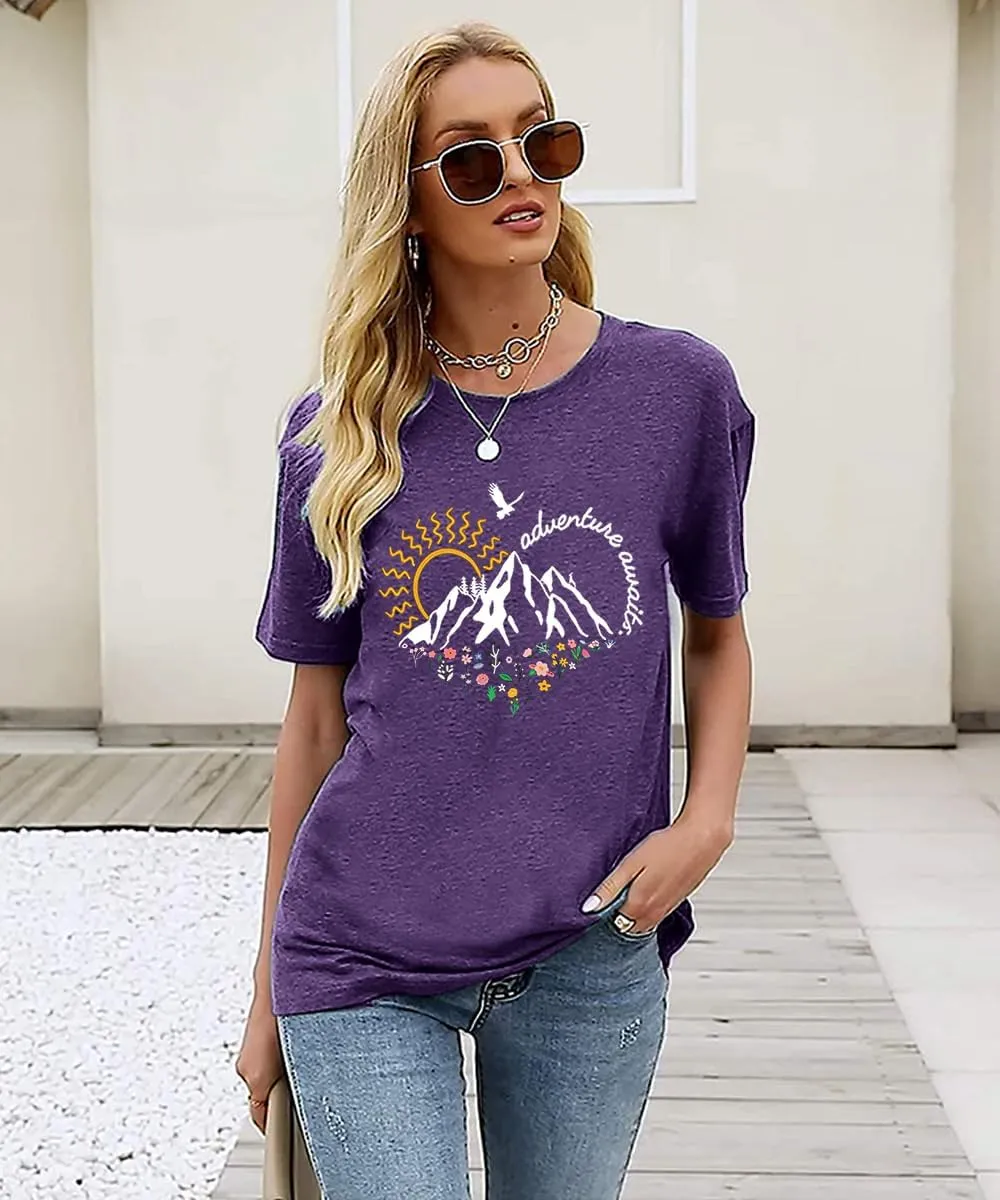 Adventure Awaits Shirts for Women Cute Sunrise Eagle Graphic Hiking T Shirts Outdoor Casual Short Sleeve Wildflower Tops