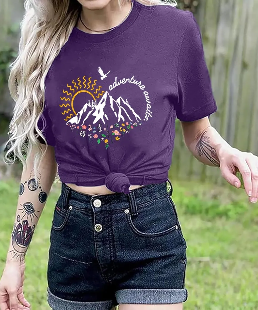 Adventure Awaits Shirts for Women Cute Sunrise Eagle Graphic Hiking T Shirts Outdoor Casual Short Sleeve Wildflower Tops