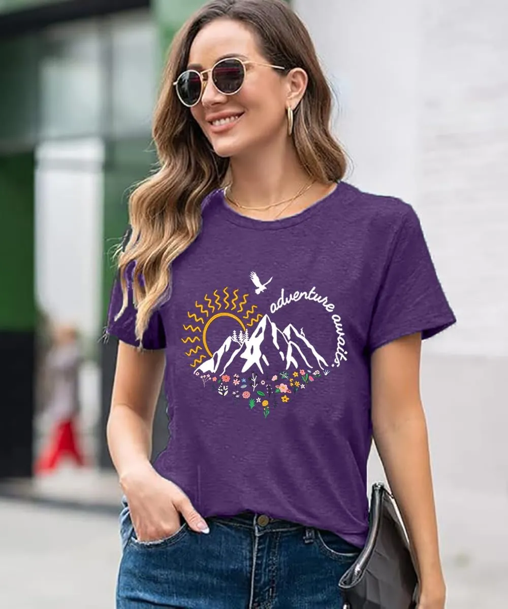 Adventure Awaits Shirts for Women Cute Sunrise Eagle Graphic Hiking T Shirts Outdoor Casual Short Sleeve Wildflower Tops