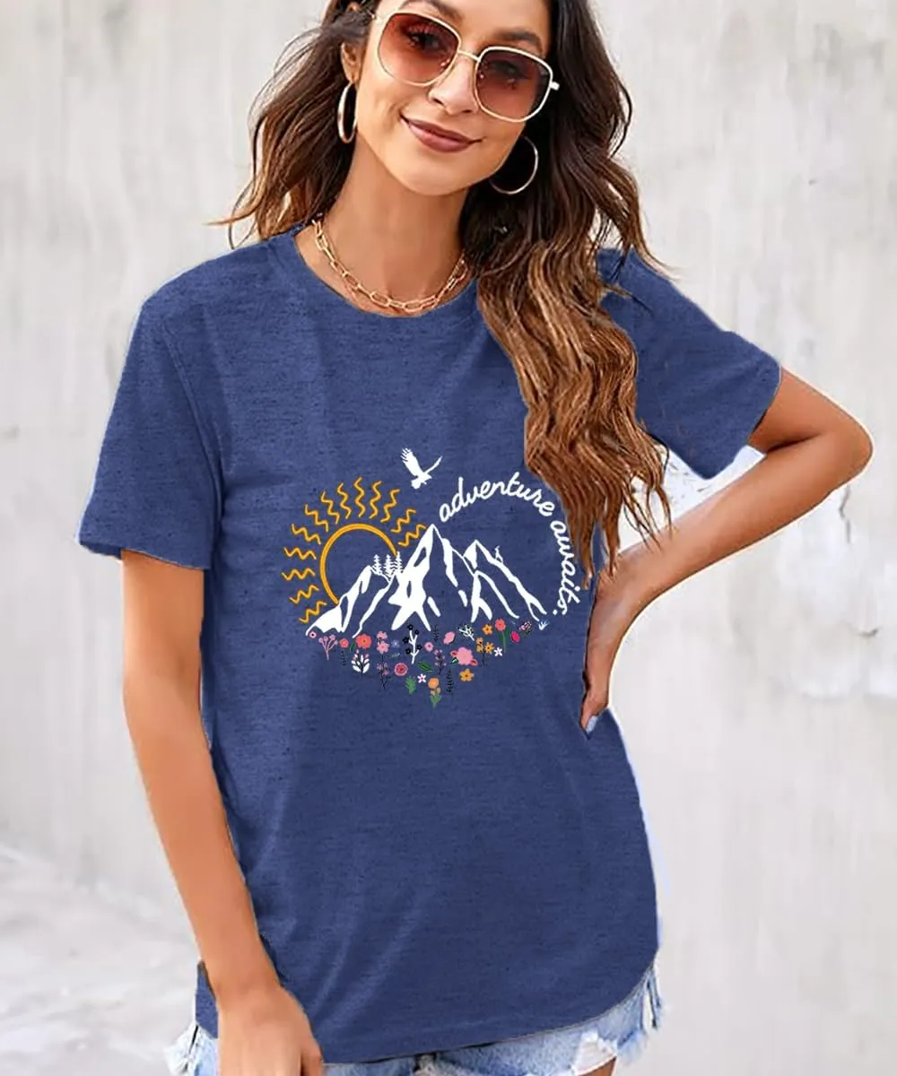 Adventure Awaits Shirts for Women Cute Sunrise Eagle Graphic Hiking T Shirts Outdoor Casual Short Sleeve Wildflower Tops