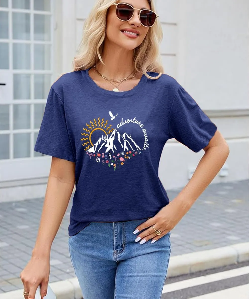 Adventure Awaits Shirts for Women Cute Sunrise Eagle Graphic Hiking T Shirts Outdoor Casual Short Sleeve Wildflower Tops