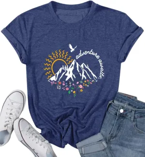Adventure Awaits Shirts for Women Cute Sunrise Eagle Graphic Hiking T Shirts Outdoor Casual Short Sleeve Wildflower Tops