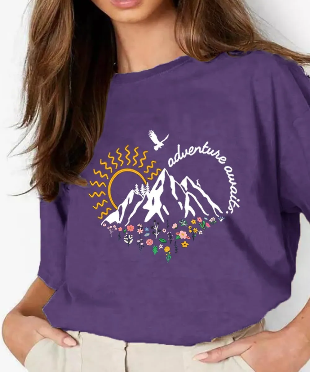 Adventure Awaits Shirts for Women Cute Sunrise Eagle Graphic Hiking T Shirts Outdoor Casual Short Sleeve Wildflower Tops