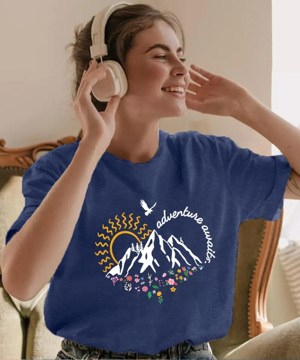 Adventure Awaits Shirts for Women Cute Sunrise Eagle Graphic Hiking T Shirts Outdoor Casual Short Sleeve Wildflower Tops