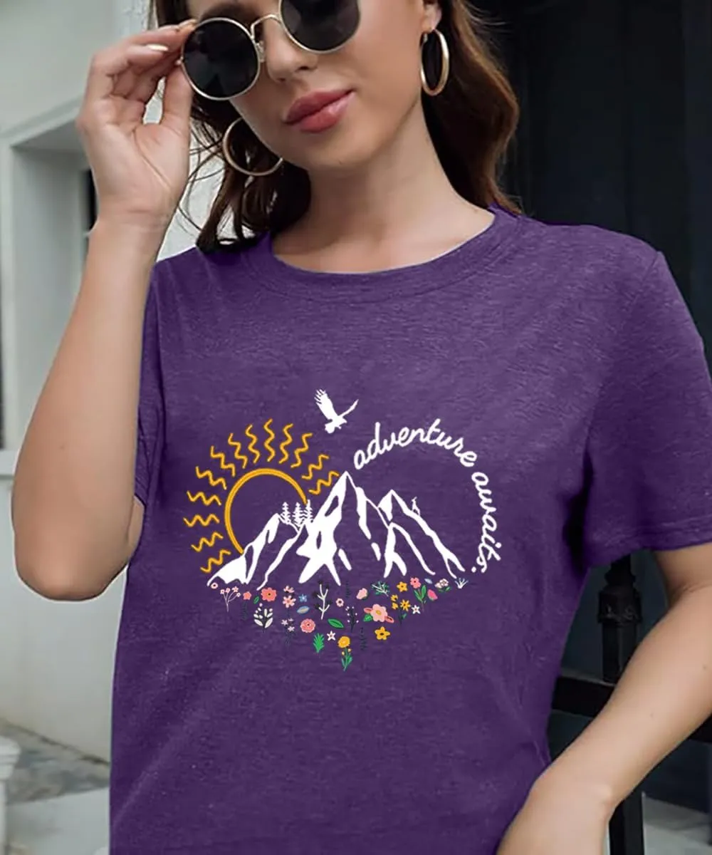 Adventure Awaits Shirts for Women Cute Sunrise Eagle Graphic Hiking T Shirts Outdoor Casual Short Sleeve Wildflower Tops