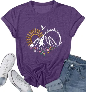 Adventure Awaits Shirts for Women Cute Sunrise Eagle Graphic Hiking T Shirts Outdoor Casual Short Sleeve Wildflower Tops