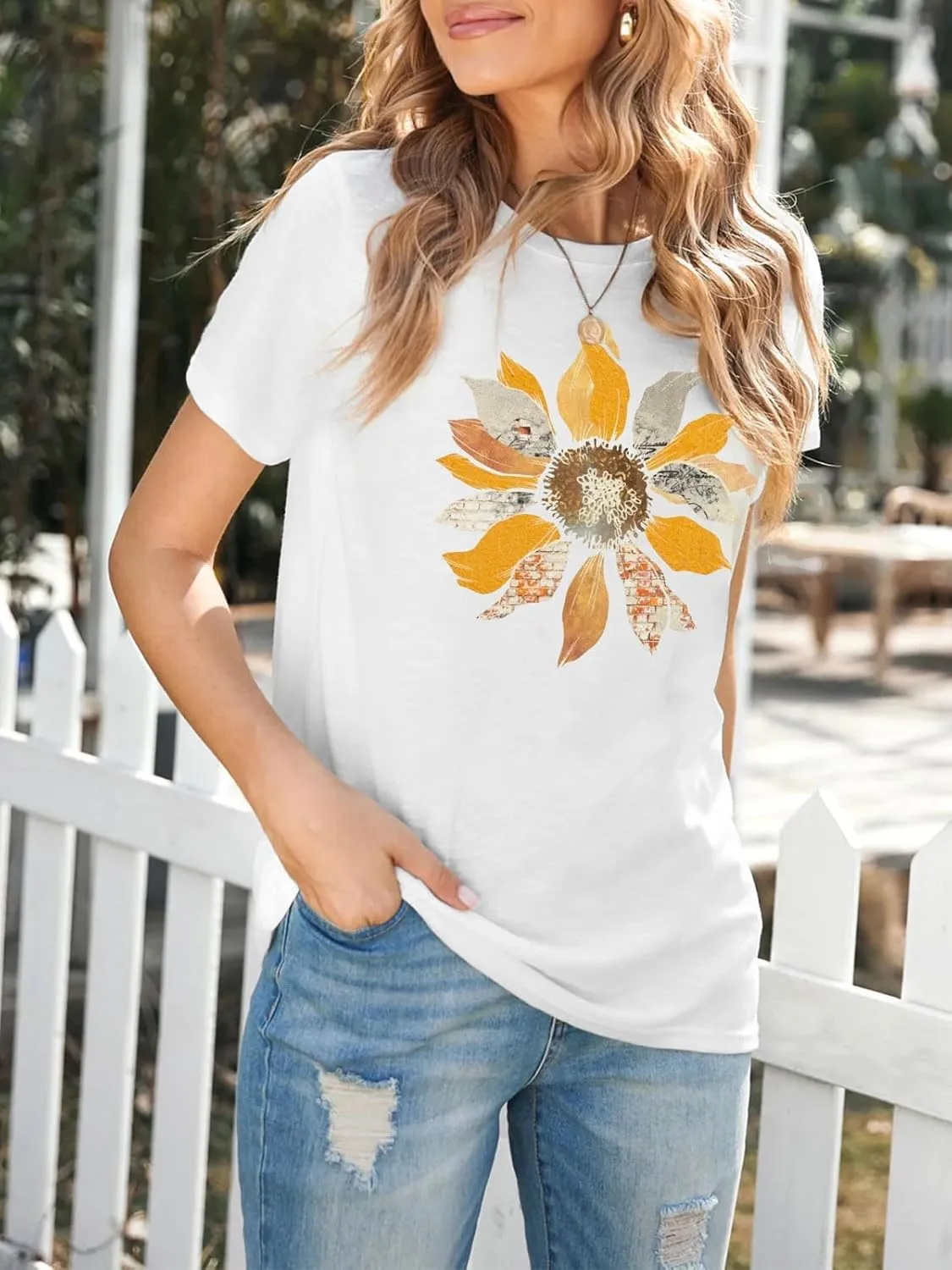 Anbech Womens Dandelion Graphic T-Shirts Teen Girls Cute Sunflower Print Casual Tee Tops