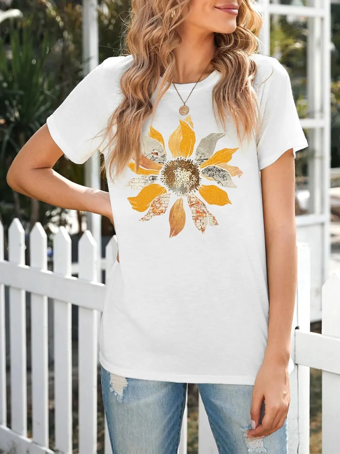 Anbech Womens Dandelion Graphic T-Shirts Teen Girls Cute Sunflower Print Casual Tee Tops