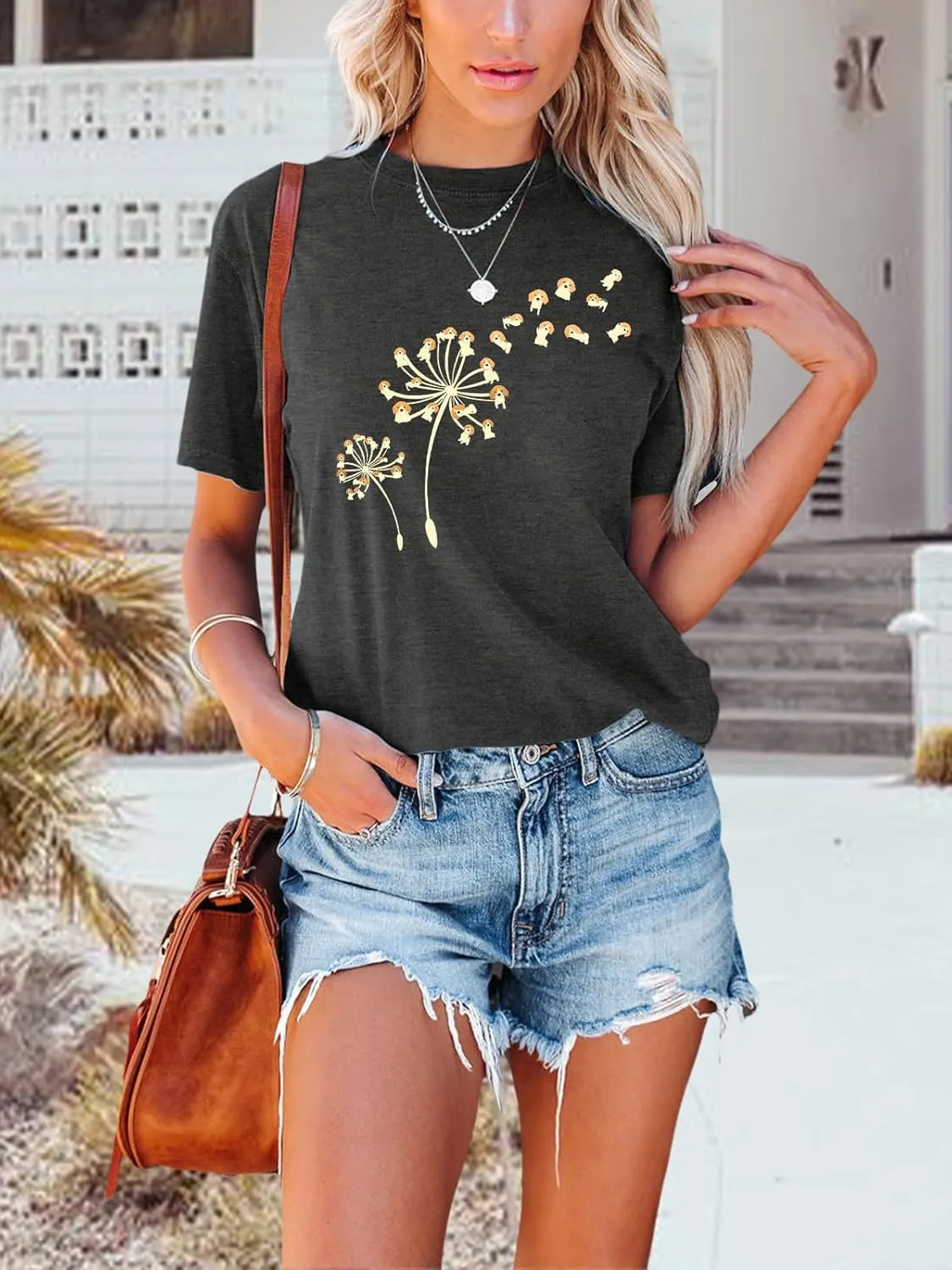 Anbech Womens Dandelion Graphic T-Shirts Teen Girls Cute Sunflower Print Casual Tee Tops