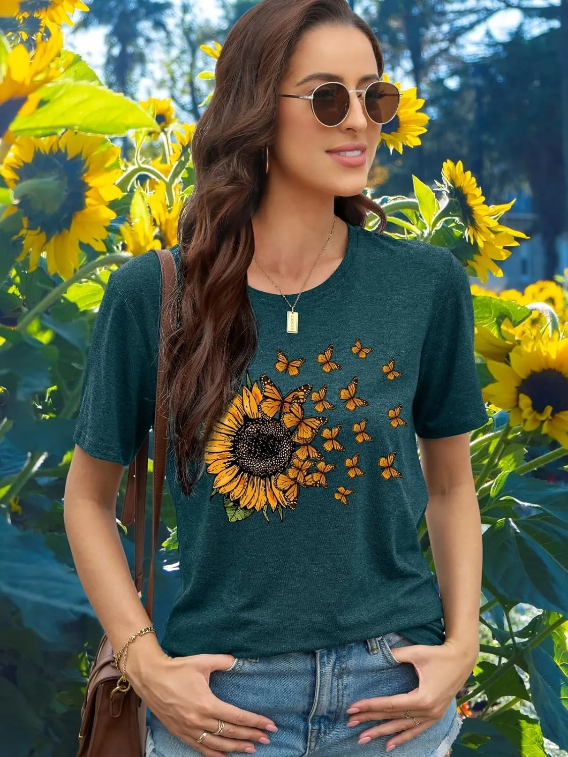 EUOW Women's Sunflower Graphic Shirts Boho Flowers Tee Tops Cute Summer Vintage Short Sleeve Holiday T Shirt