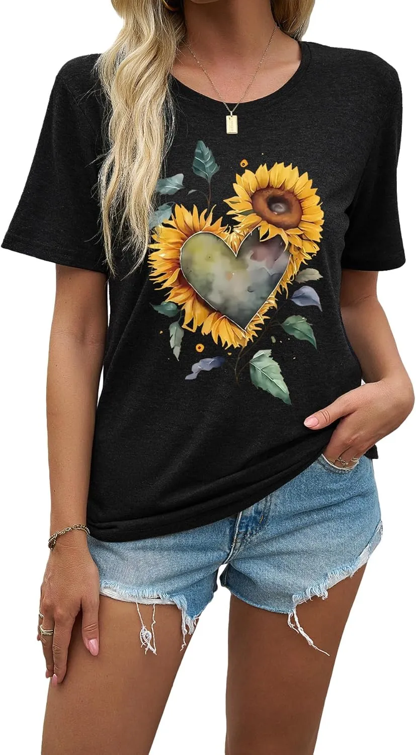 EUOW Women's Sunflower Graphic Shirts Boho Flowers Tee Tops Cute Summer Vintage Short Sleeve Holiday T Shirt