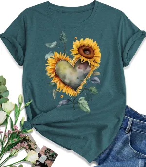 EUOW Women's Sunflower Graphic Shirts Boho Flowers Tee Tops Cute Summer Vintage Short Sleeve Holiday T Shirt