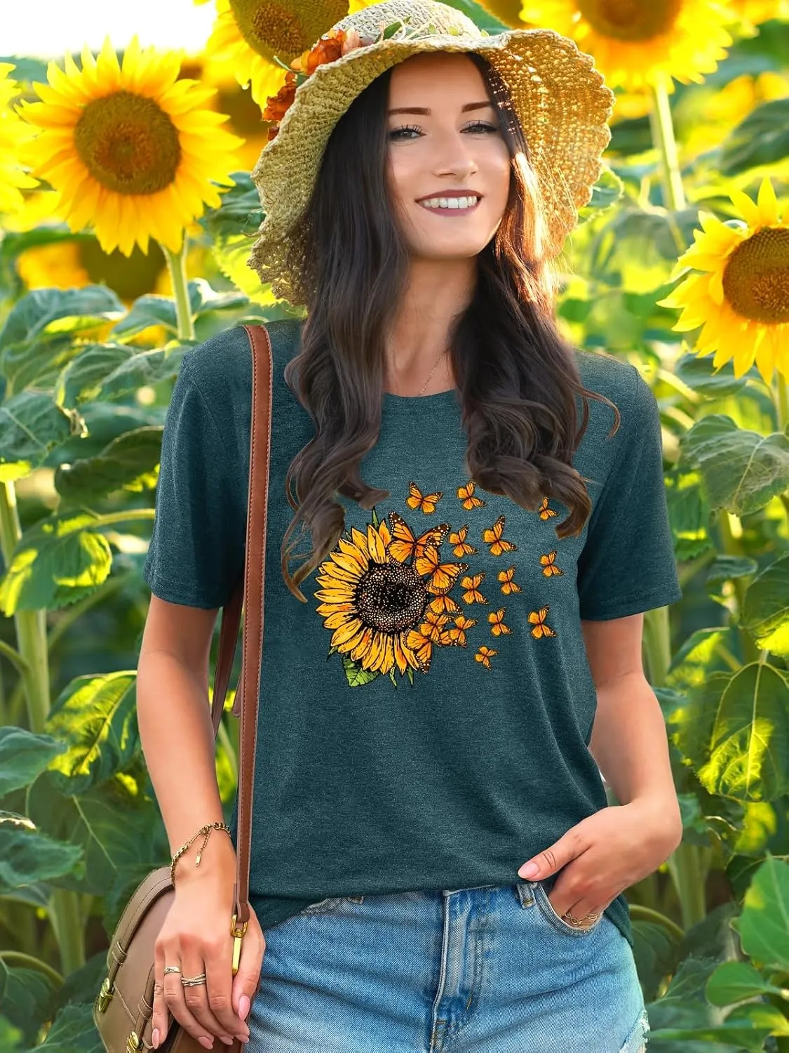 EUOW Women's Sunflower Graphic Shirts Boho Flowers Tee Tops Cute Summer Vintage Short Sleeve Holiday T Shirt
