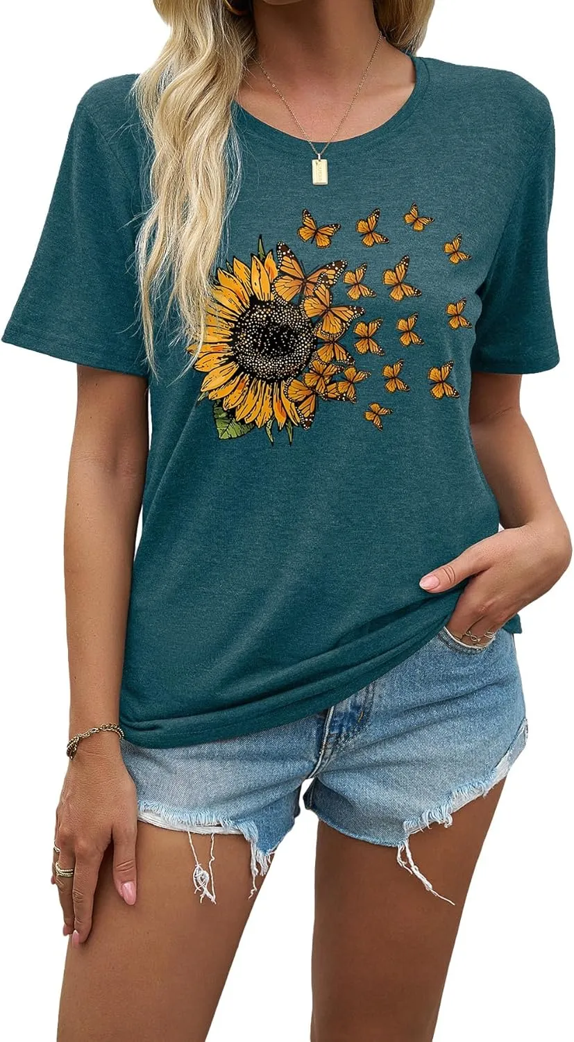 EUOW Women's Sunflower Graphic Shirts Boho Flowers Tee Tops Cute Summer Vintage Short Sleeve Holiday T Shirt