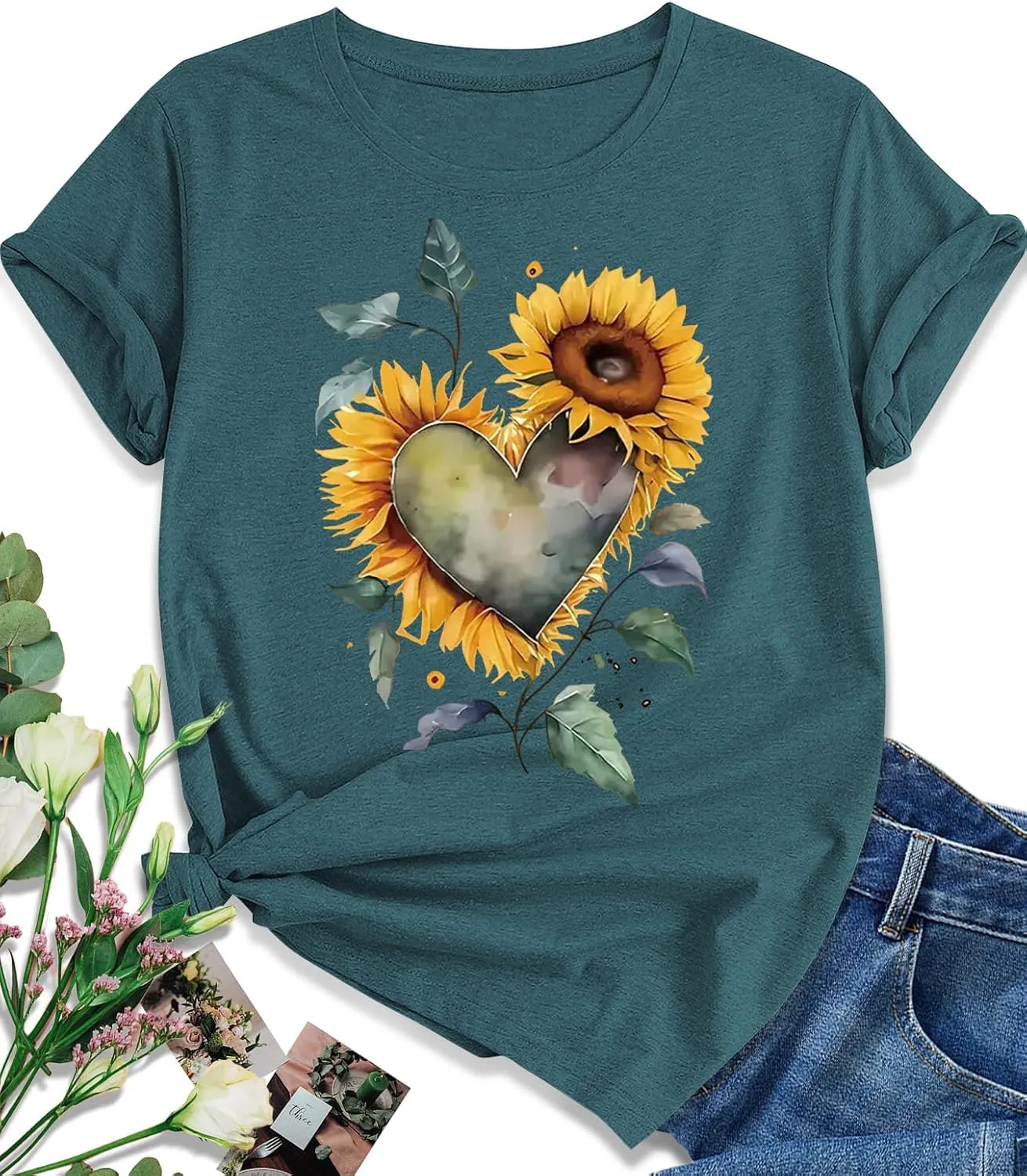EUOW Women's Sunflower Graphic Shirts Boho Flowers Tee Tops Cute Summer Vintage Short Sleeve Holiday T Shirt
