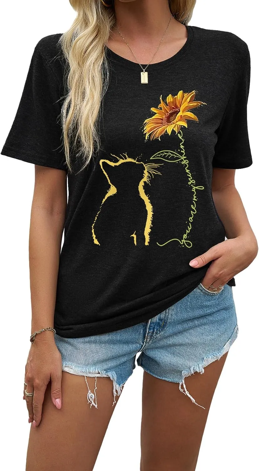 EUOW Women's Sunflower Graphic Shirts Boho Flowers Tee Tops Cute Summer Vintage Short Sleeve Holiday T Shirt