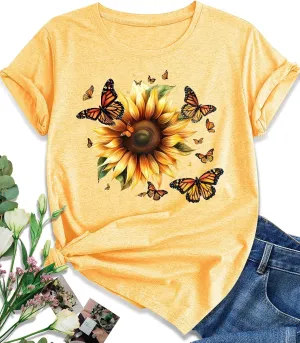 EUOW Women's Sunflower Graphic Shirts Boho Flowers Tee Tops Cute Summer Vintage Short Sleeve Holiday T Shirt