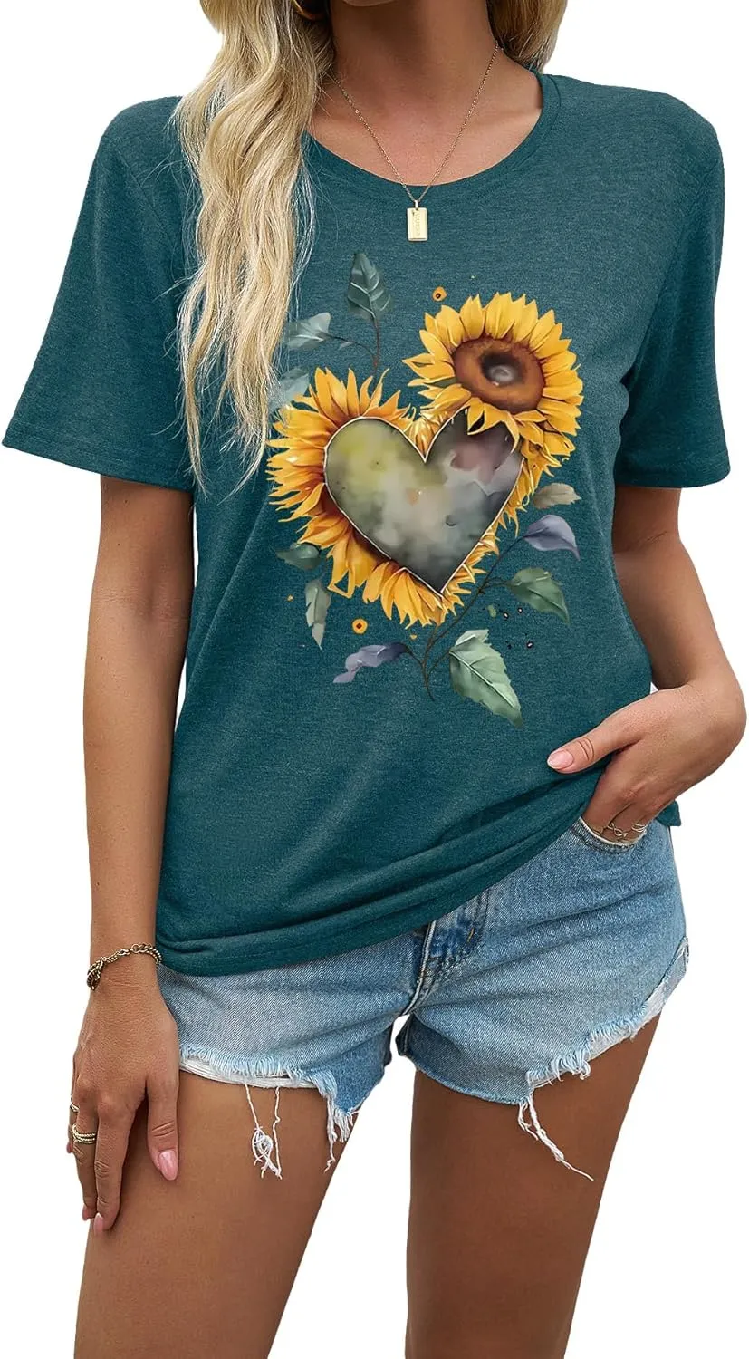 EUOW Women's Sunflower Graphic Shirts Boho Flowers Tee Tops Cute Summer Vintage Short Sleeve Holiday T Shirt