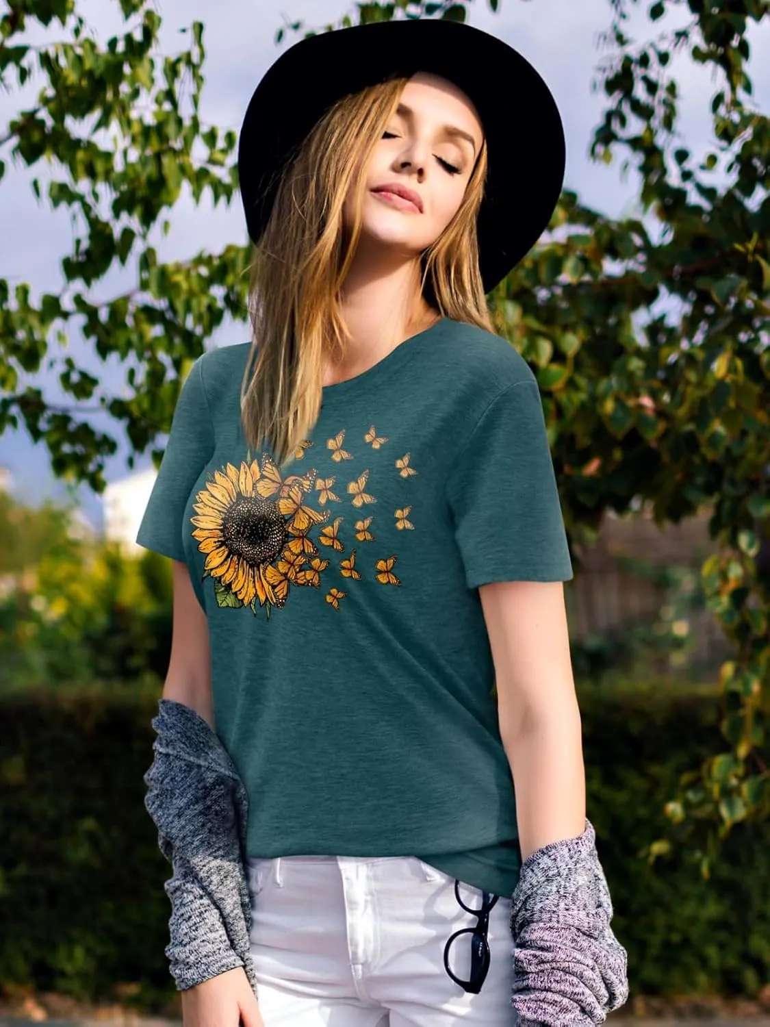 EUOW Women's Sunflower Graphic Shirts Boho Flowers Tee Tops Cute Summer Vintage Short Sleeve Holiday T Shirt