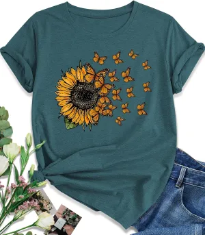 EUOW Women's Sunflower Graphic Shirts Boho Flowers Tee Tops Cute Summer Vintage Short Sleeve Holiday T Shirt