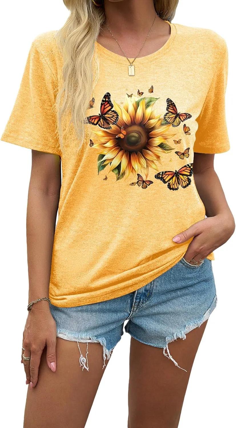 EUOW Women's Sunflower Graphic Shirts Boho Flowers Tee Tops Cute Summer Vintage Short Sleeve Holiday T Shirt