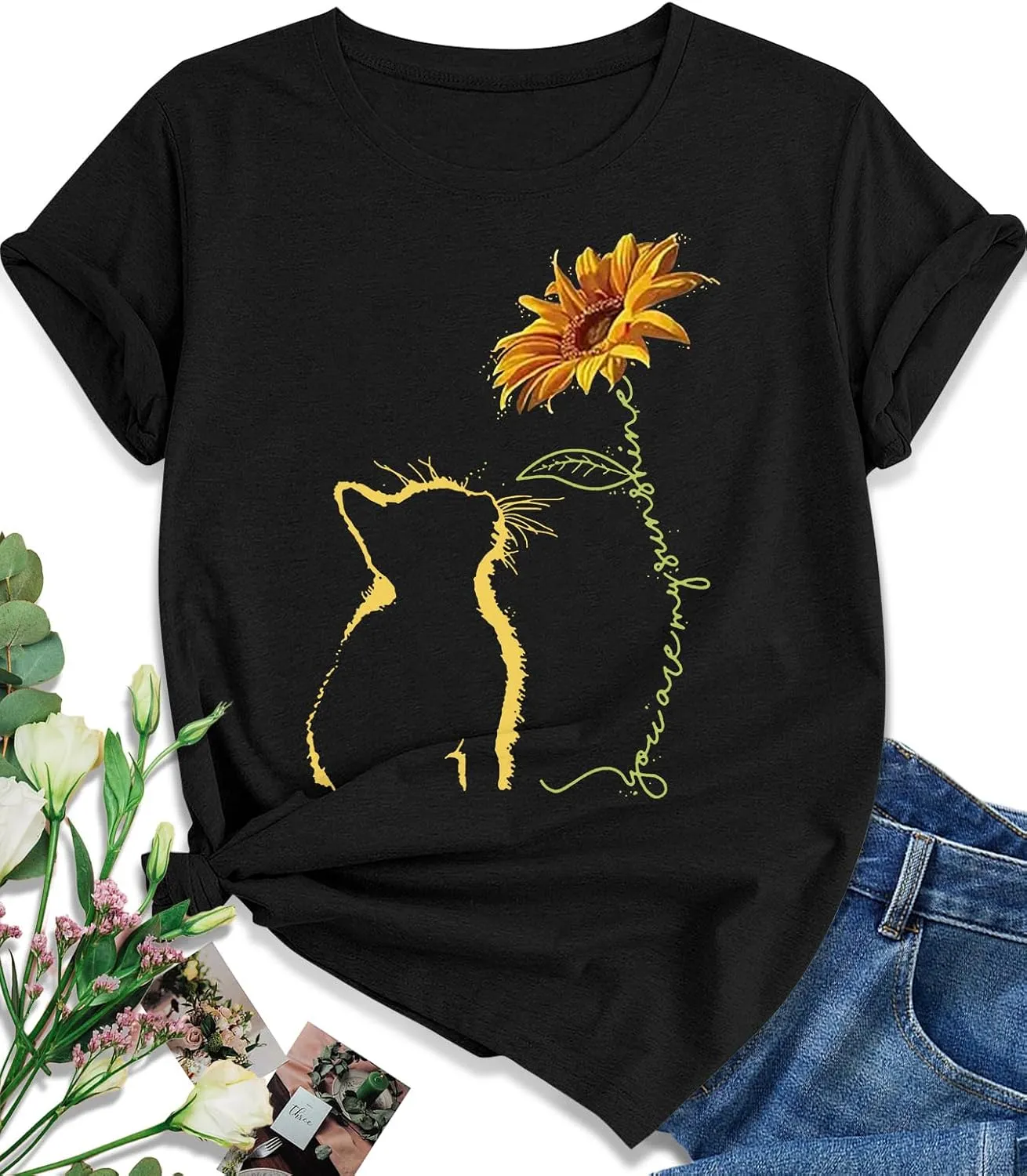 EUOW Women's Sunflower Graphic Shirts Boho Flowers Tee Tops Cute Summer Vintage Short Sleeve Holiday T Shirt