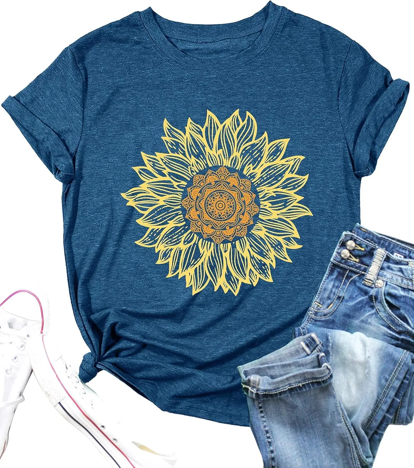 LAZYCHILD Womens Graphic Tees Sunflower Shirts Vintage Flower Graphic Tees Shirts Inspirational Tees Casual Faith Shirt Tops