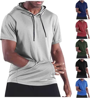 Mens Short Sleeve Hooded Shirt Casual Athletic Quick Dry Breathable Tops Summer Gym Workout Hoodies with Pockets