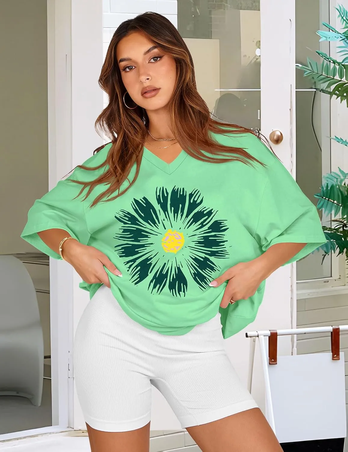 Oversized Tshirts for Women V Neck Short Sleeve Summer Casual Basic Loose Tops