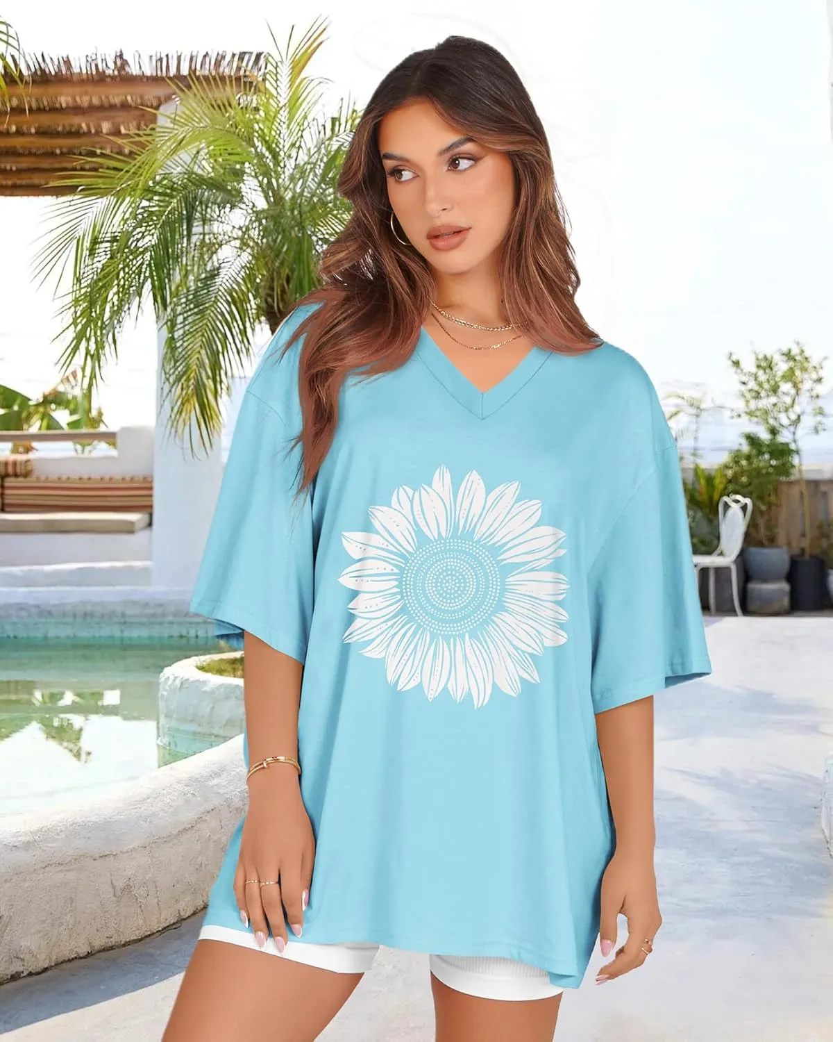 Oversized Tshirts for Women V Neck Short Sleeve Summer Casual Basic Loose Tops