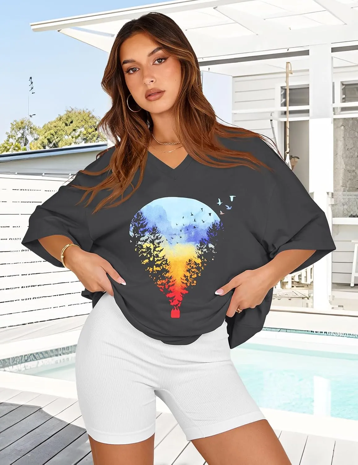 Oversized Tshirts for Women V Neck Short Sleeve Summer Casual Basic Loose Tops
