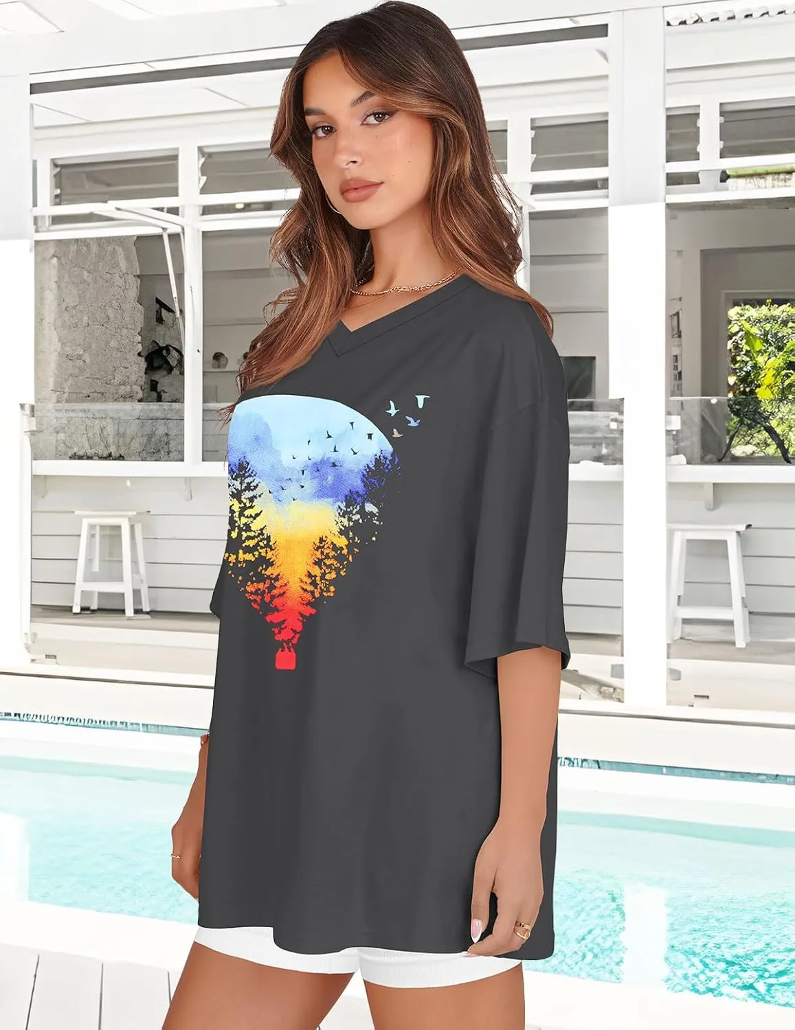 Oversized Tshirts for Women V Neck Short Sleeve Summer Casual Basic Loose Tops