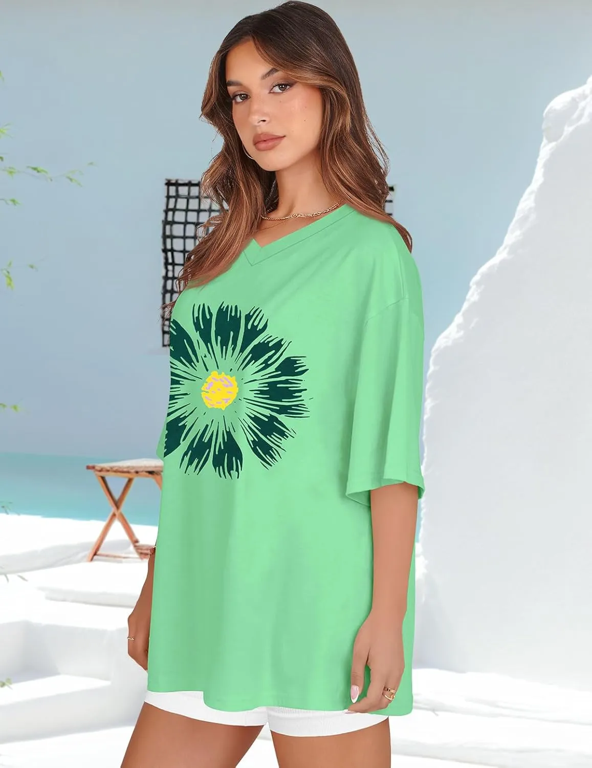 Oversized Tshirts for Women V Neck Short Sleeve Summer Casual Basic Loose Tops