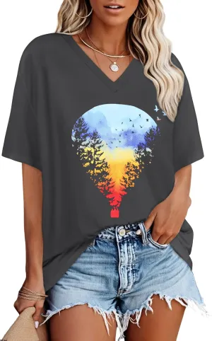 Oversized Tshirts for Women V Neck Short Sleeve Summer Casual Basic Loose Tops