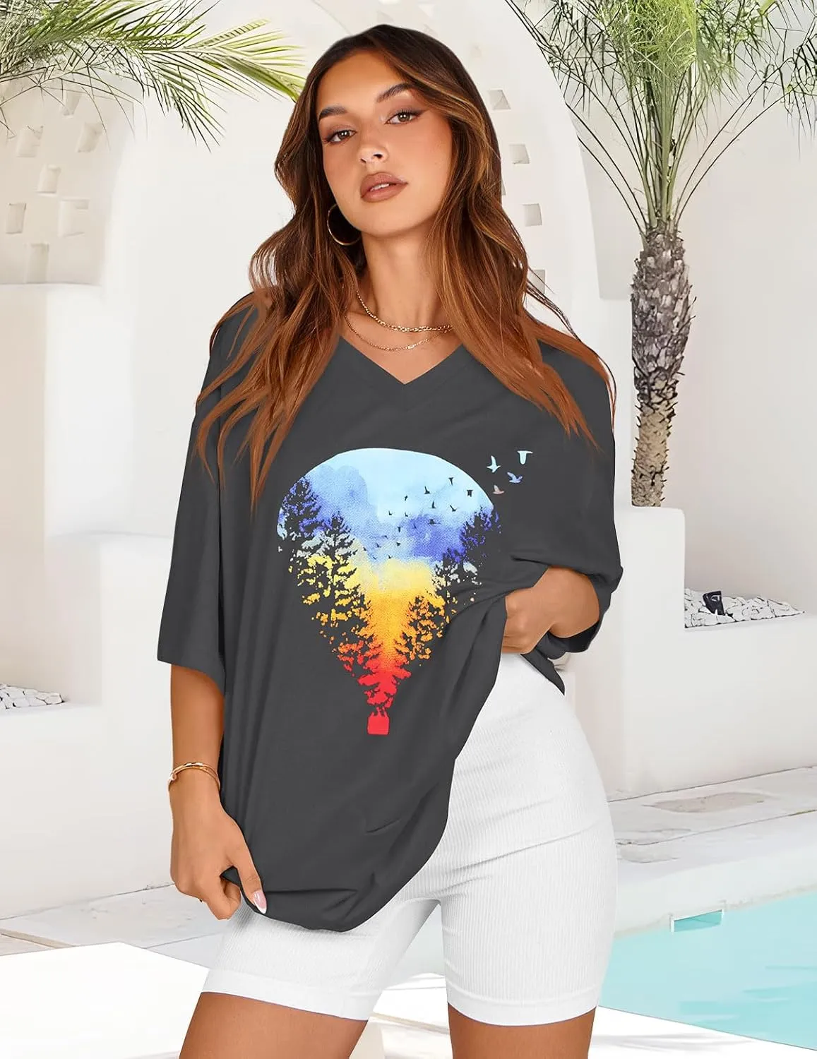 Oversized Tshirts for Women V Neck Short Sleeve Summer Casual Basic Loose Tops