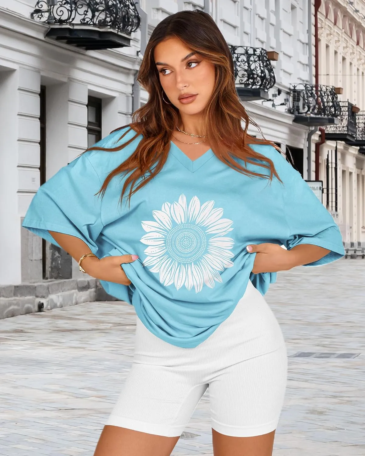 Oversized Tshirts for Women V Neck Short Sleeve Summer Casual Basic Loose Tops