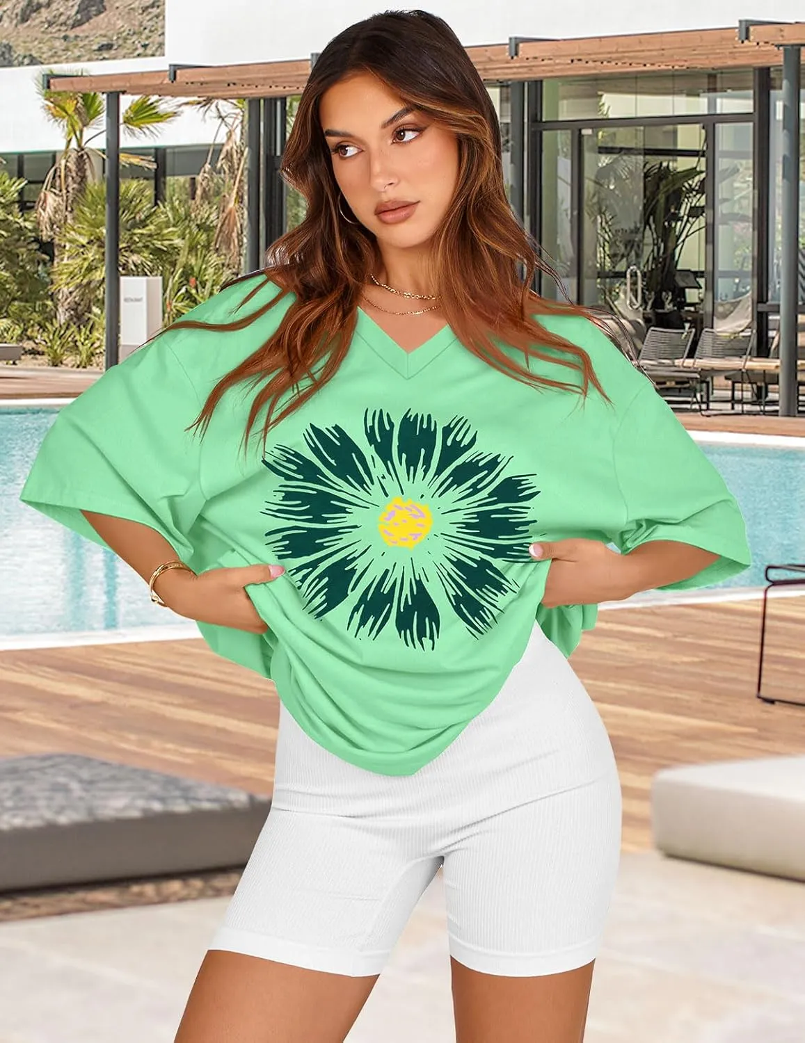 Oversized Tshirts for Women V Neck Short Sleeve Summer Casual Basic Loose Tops