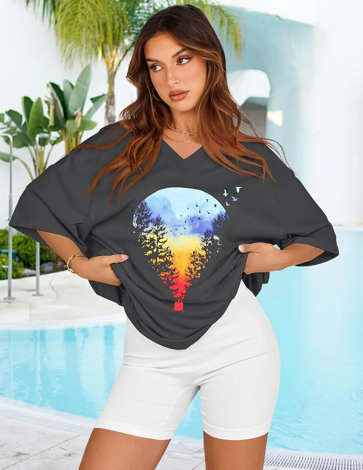 Oversized Tshirts for Women V Neck Short Sleeve Summer Casual Basic Loose Tops