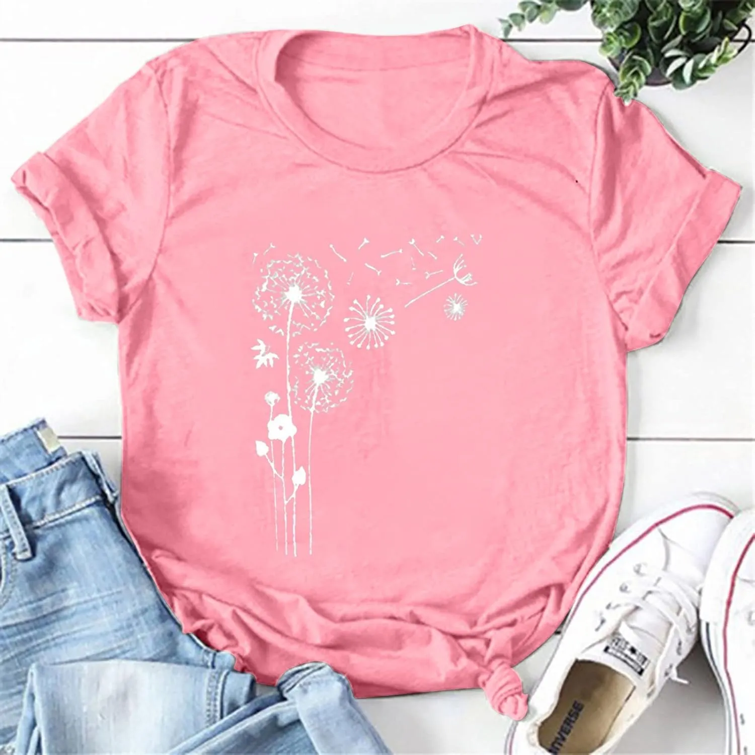 Plus Size Tops for Women,Cute Short Sleeve Crewneck Wildflower Graphic Tees,Summer Sunflower Dandelion Print Shirts