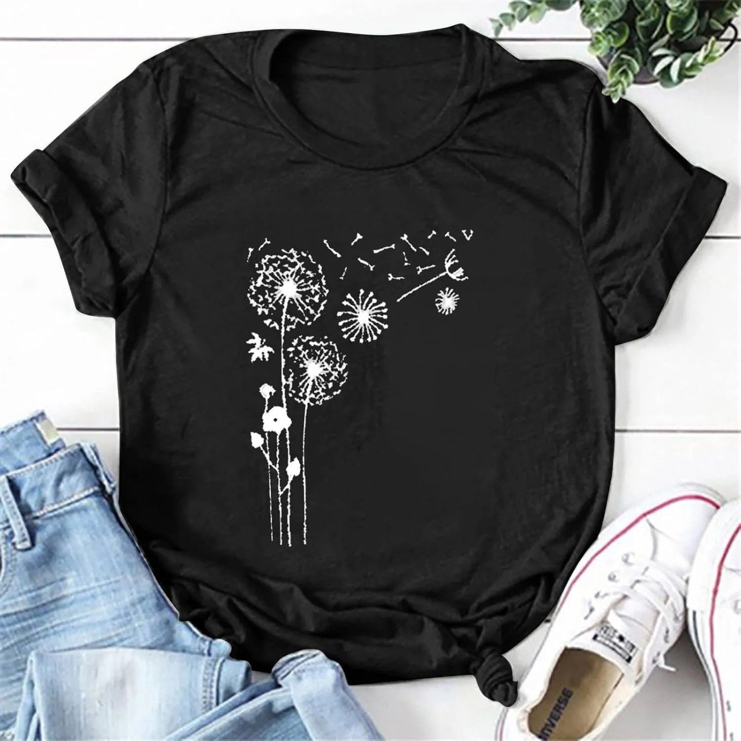 Plus Size Tops for Women,Cute Short Sleeve Crewneck Wildflower Graphic Tees,Summer Sunflower Dandelion Print Shirts