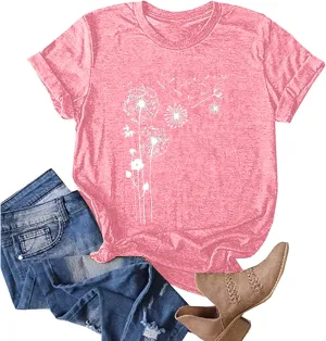Plus Size Tops for Women,Cute Short Sleeve Crewneck Wildflower Graphic Tees,Summer Sunflower Dandelion Print Shirts