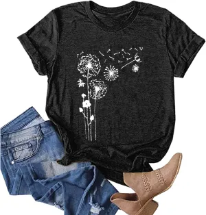 Plus Size Tops for Women,Cute Short Sleeve Crewneck Wildflower Graphic Tees,Summer Sunflower Dandelion Print Shirts