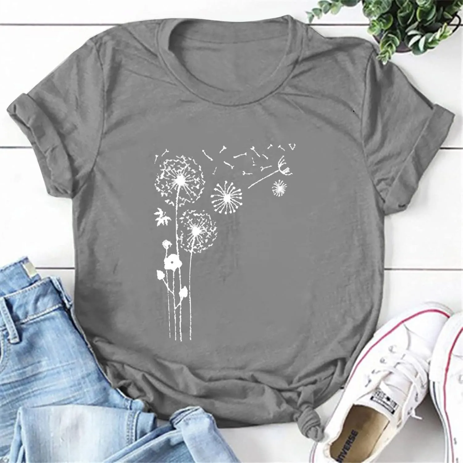 Plus Size Tops for Women,Cute Short Sleeve Crewneck Wildflower Graphic Tees,Summer Sunflower Dandelion Print Shirts