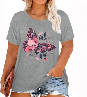 Plus Size Tops for Women,Cute Short Sleeve Crewneck Wildflower Graphic Tees,Summer Sunflower Dandelion Print Shirts