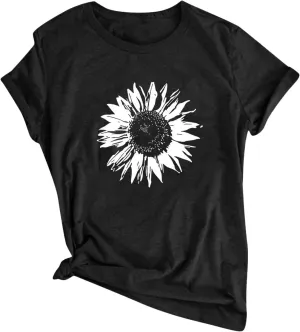 Plus Size Tops for Women,Cute Short Sleeve Crewneck Wildflower Graphic Tees,Summer Sunflower Dandelion Print Shirts