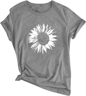 Plus Size Tops for Women,Cute Short Sleeve Crewneck Wildflower Graphic Tees,Summer Sunflower Dandelion Print Shirts