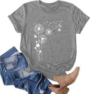 Plus Size Tops for Women,Cute Short Sleeve Crewneck Wildflower Graphic Tees,Summer Sunflower Dandelion Print Shirts