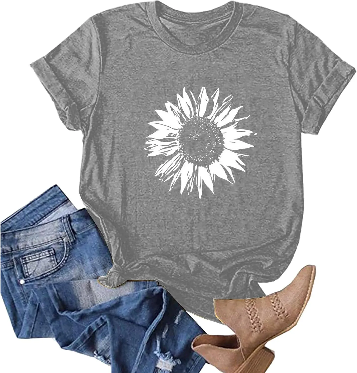 Plus Size Tops for Women,Cute Short Sleeve Crewneck Wildflower Graphic Tees,Summer Sunflower Dandelion Print Shirts