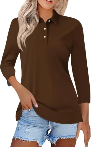 Polo Shirts for Women Summer Tops Button Down 3/4 Sleeve Golf Tees Shirts Lapel Collared Shirts Office Wear for Work